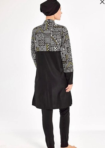 Uzun Kollu Etnik Desenli Siyah Tesettür Mayo - Görsel 2