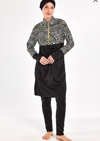 Uzun Kollu Etnik Desenli Siyah Tesettür Mayo - Görsel 4