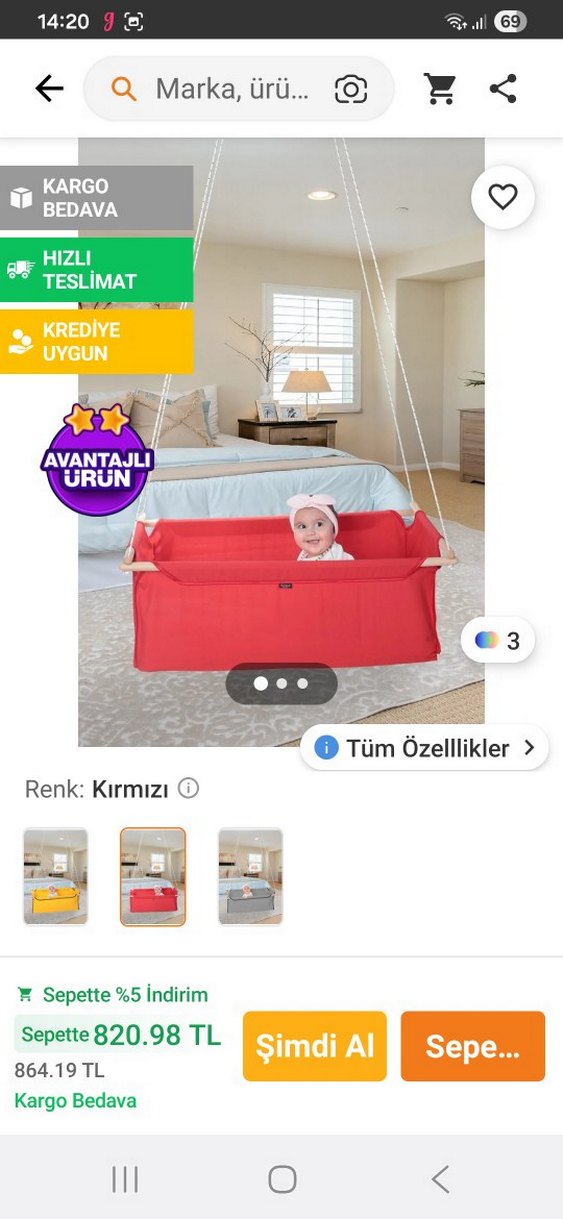 Kırmızı Bebek Hamak Beşik Salıncak - Görsel 2