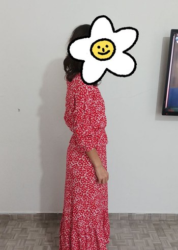 Dantel Detaylı Uzun kırmızı Desenli Elbise - Görsel 2