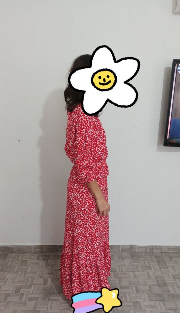 Dantel Detaylı Uzun kırmızı Desenli Elbise - Görsel 2