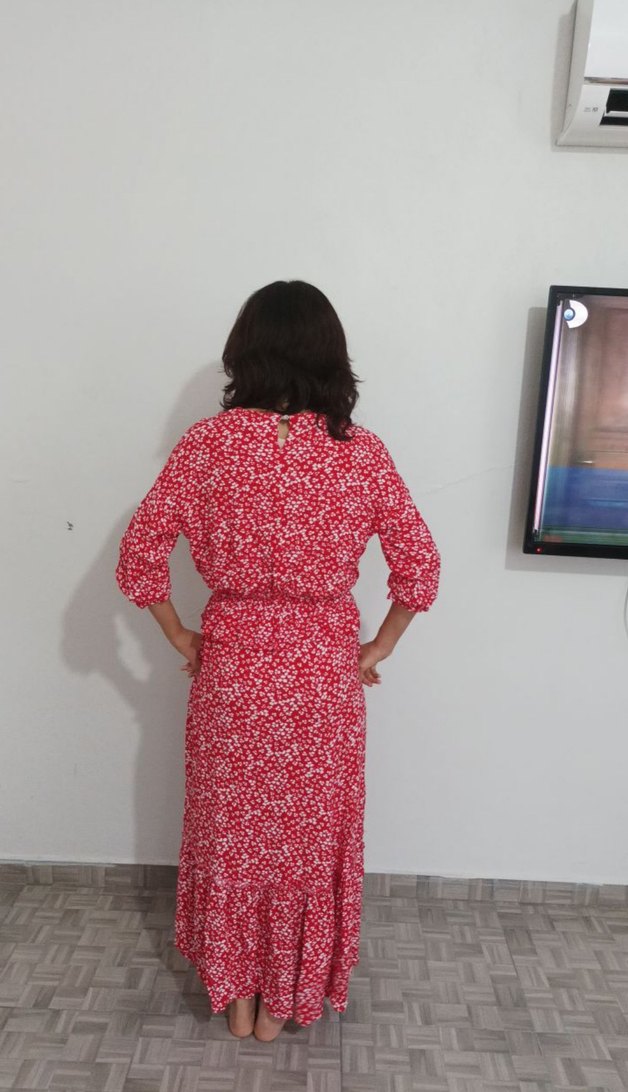 Dantel Detaylı Uzun kırmızı Desenli Elbise - Görsel 4