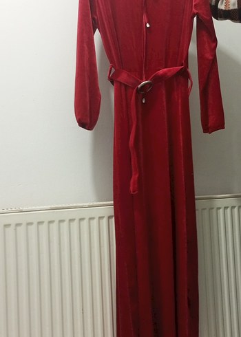 Kırmızı Uzun kadifeKadın Elbise - Görsel 3