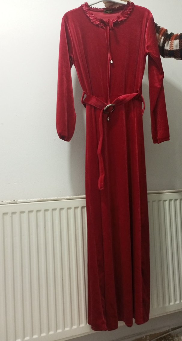 Kırmızı Uzun kadifeKadın Elbise - Görsel 3