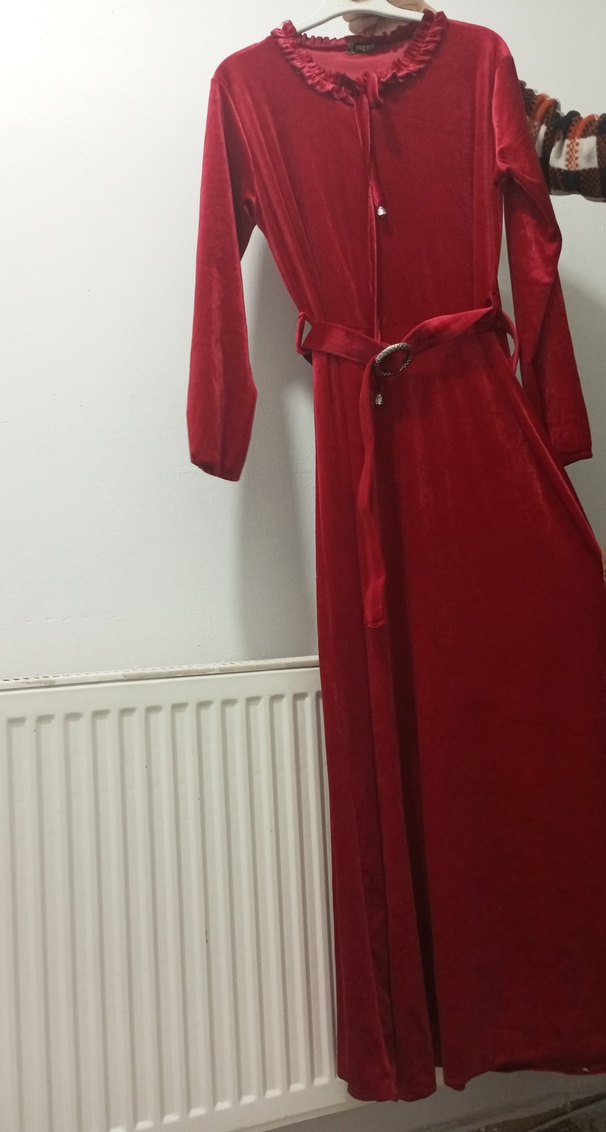 Kırmızı Uzun kadifeKadın Elbise - Görsel 2