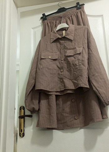 Düğmeli Keten Mini Kahverengi Takım - Görsel 2