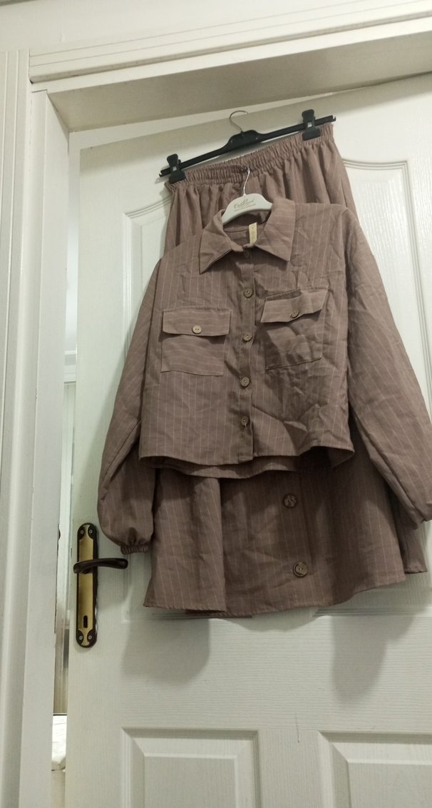 Düğmeli Keten Mini Kahverengi Takım - Görsel 2