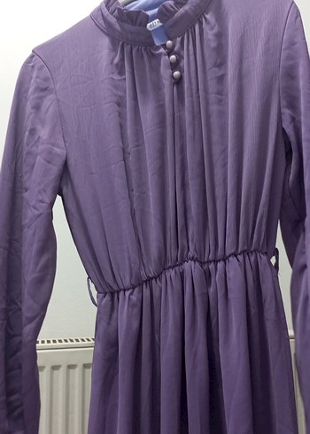 Uzun lila şifon Elbise, Yüksek Yakalı, Salaş Kesim - Görsel 4