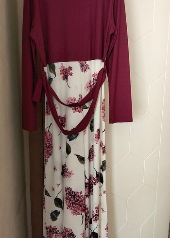 Bordo Çiçek Desenli Uzun Bohem Elbise - Görsel 2