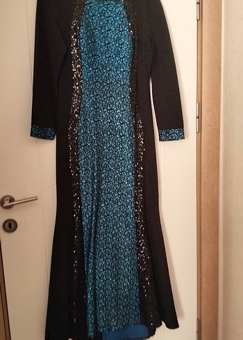 Uzun Kollu Drapeli Mavi Siyah Kadın Elbise - Görsel 2