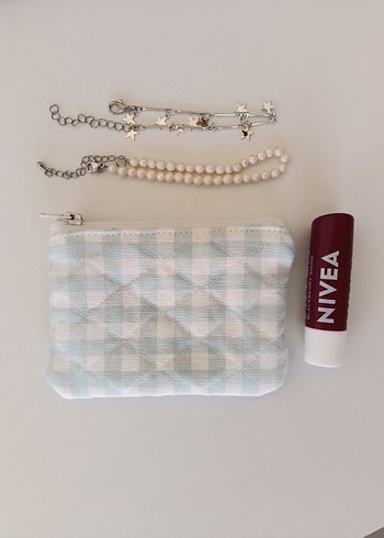 Pamuklu Beyaz Ekose Fermuarlı mini cüzdan. - Görsel 2