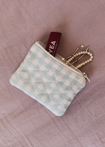 Pamuklu Beyaz Ekose Fermuarlı mini cüzdan. - Görsel 3