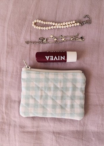 Pamuklu Beyaz Ekose Fermuarlı mini cüzdan. - Görsel 4