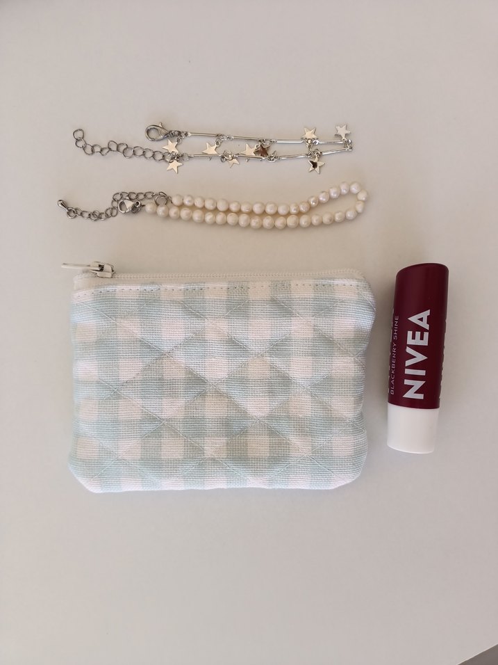 Pamuklu Beyaz Ekose Fermuarlı mini cüzdan. - Görsel 2