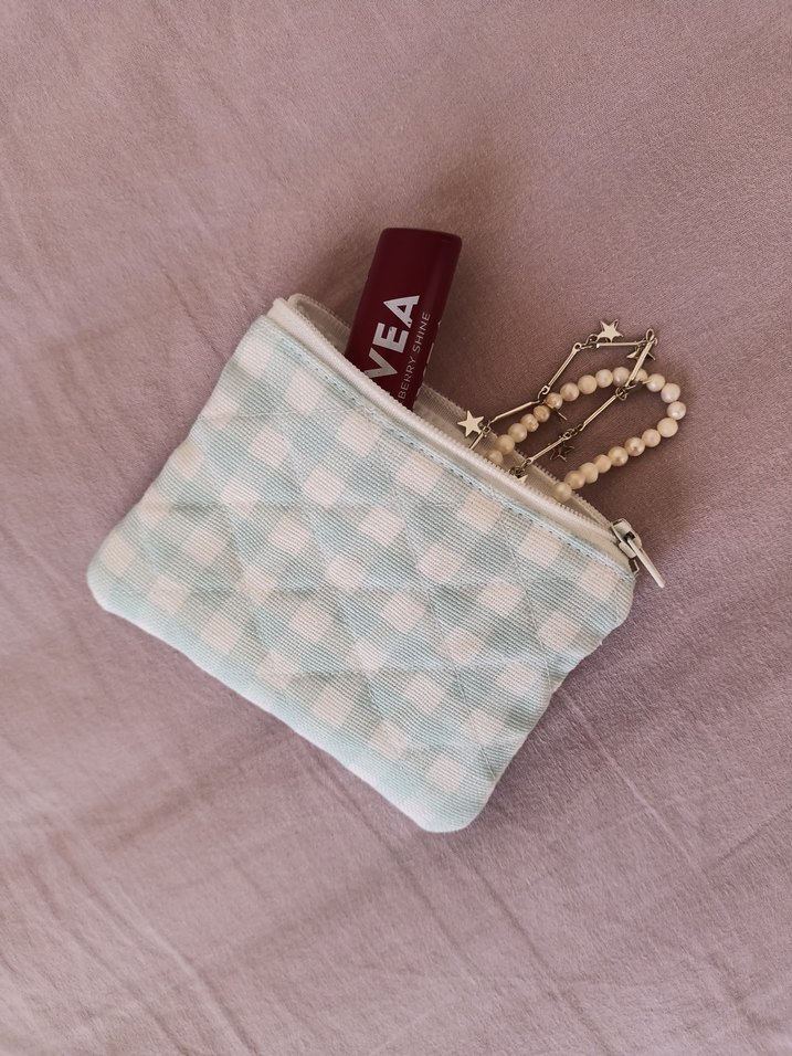 Pamuklu Beyaz Ekose Fermuarlı mini cüzdan. - Görsel 3