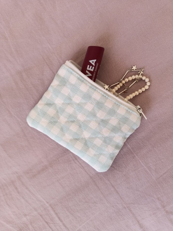 Pamuklu Beyaz Ekose Fermuarlı mini cüzdan. - Görsel 5