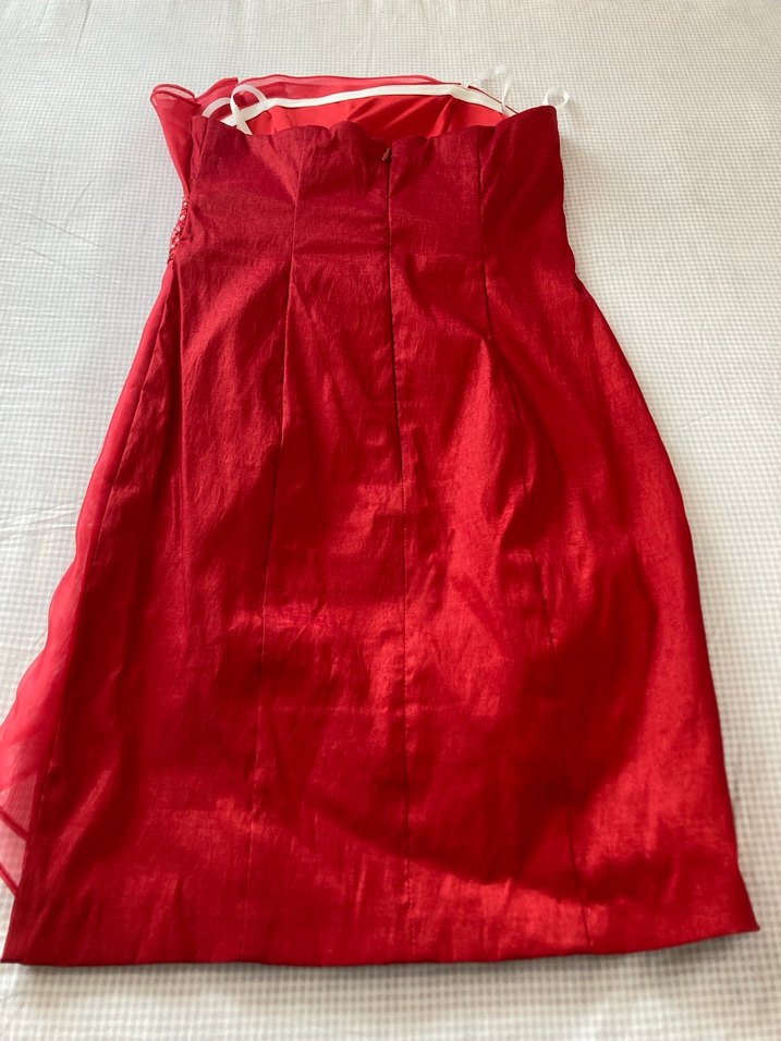 Kırmızı Straplez Midi Abiye Elbise - Görsel 3