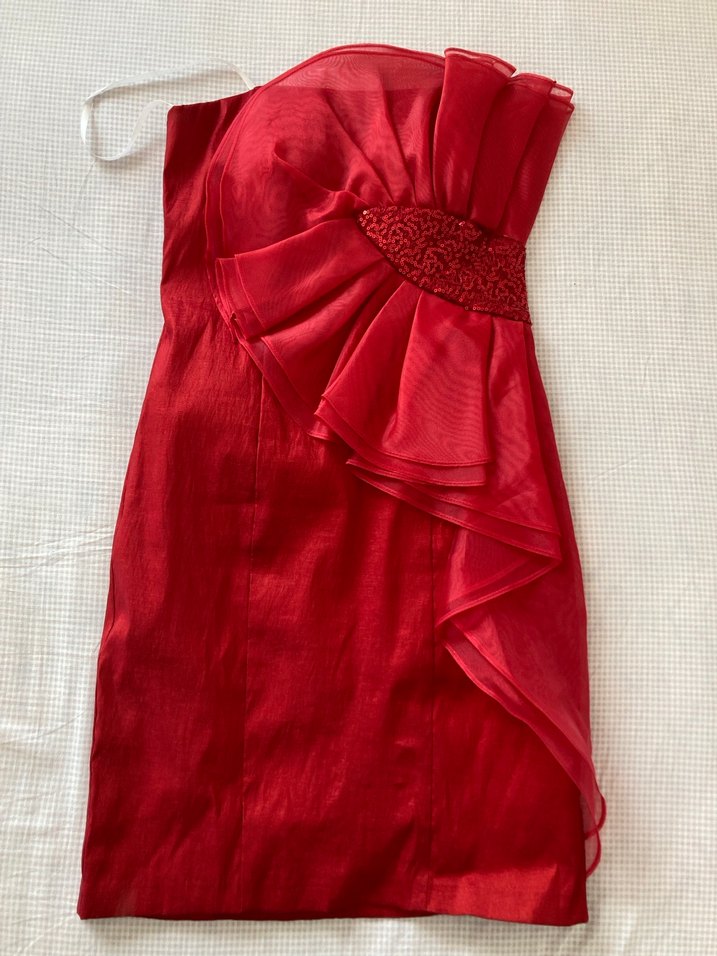 Kırmızı Straplez Midi Abiye Elbise - Görsel 2