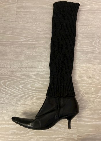 Diz Üstü Siyah Deri Triko Topuklu Çizme - Görsel 4