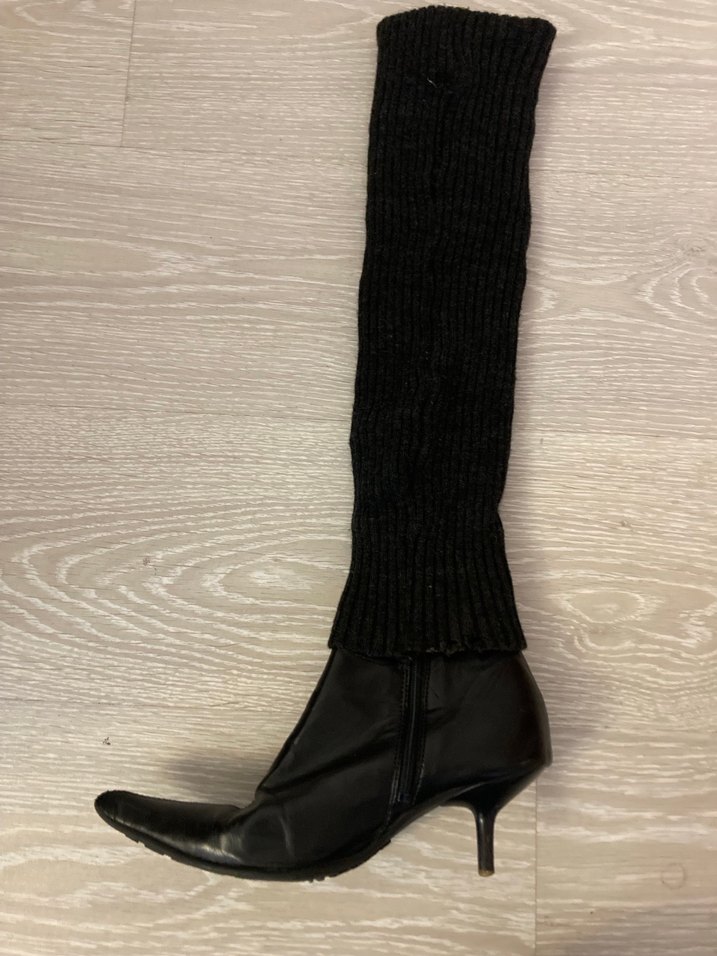 Diz Üstü Siyah Deri Triko Topuklu Çizme - Görsel 4
