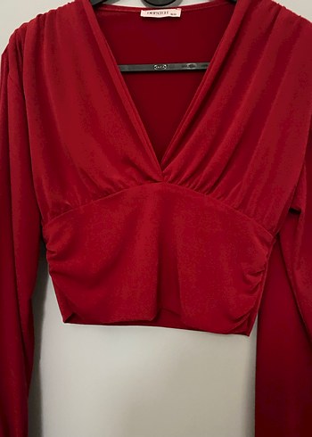Kırmızı V Yakalı Drapeli Kadın Bluz - Görsel 4