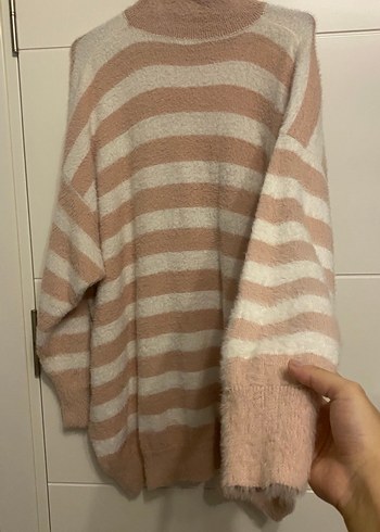Bej Çizgili Yüksek Yakalı Kadın Triko Kazak - Görsel 3