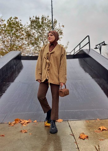 Kadın Kahverengi Örgü Yün Midi Kaban - Görsel 6