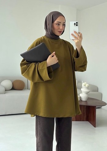 Kadın yağ yeşili Oversize Midi Tunik - Görsel 3