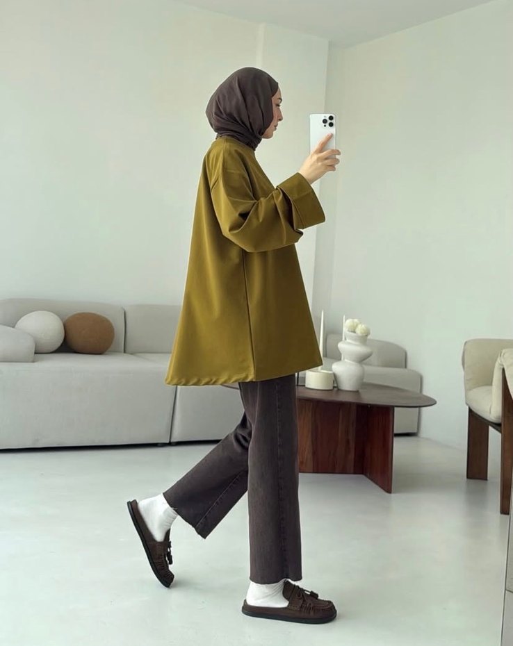 Kadın yağ yeşili Oversize Midi Tunik - Görsel 2