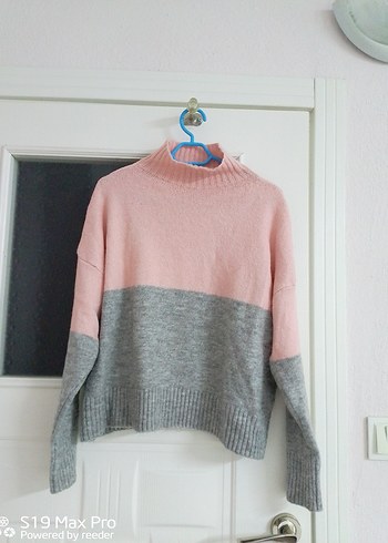 Gri-Pembe Örgü Boğazlı Kadın Kazak - Görsel 2