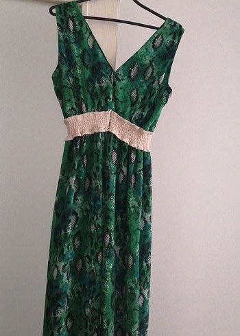 Yeşil Yılan Desenli Uzun Bohem Elbise - Görsel 2