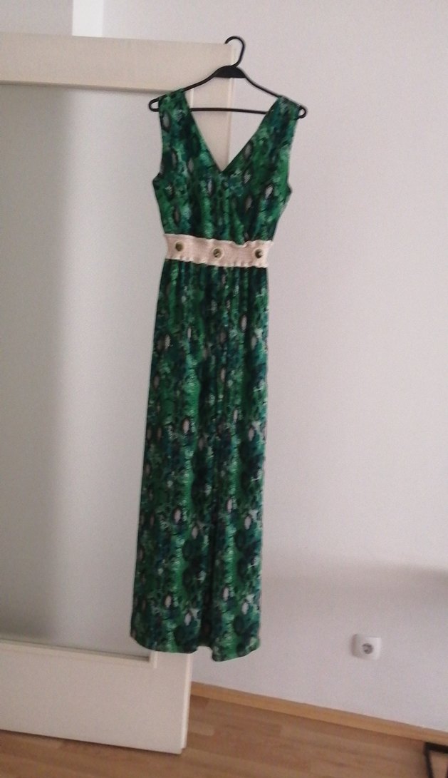 Yeşil Yılan Desenli Uzun Bohem Elbise - Görsel 4