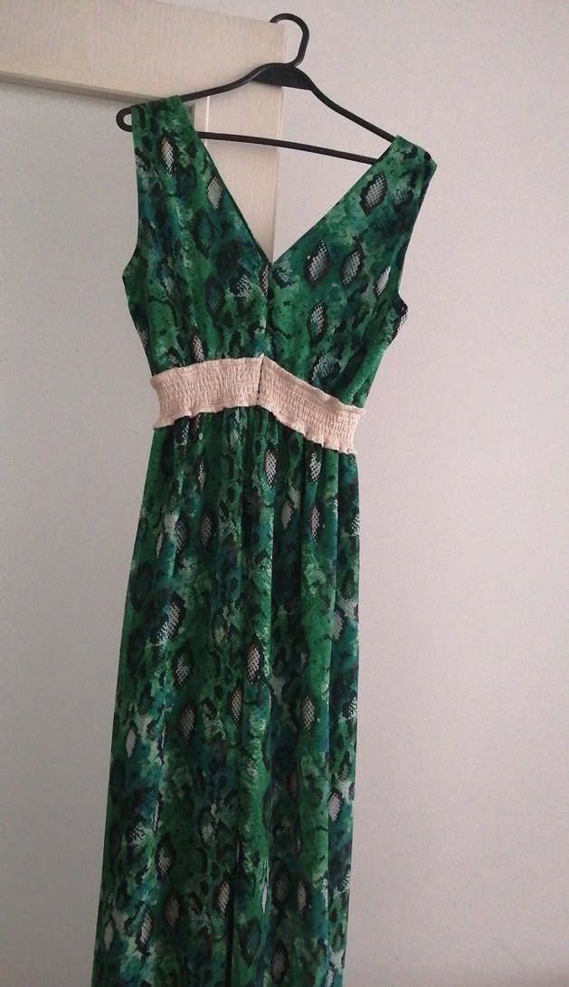 Yeşil Yılan Desenli Uzun Bohem Elbise - Görsel 2