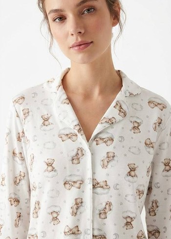 Baskılı Beyaz Kadın Pijama Takımı Uzun Kollu - Görsel 3