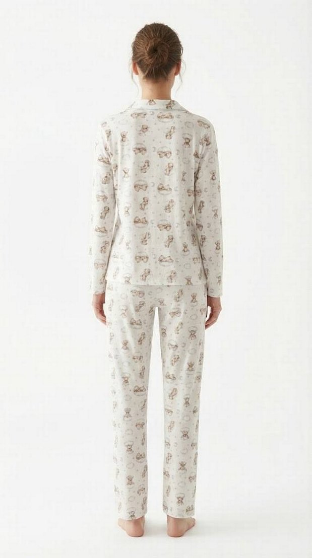 Baskılı Beyaz Kadın Pijama Takımı Uzun Kollu - Görsel 2