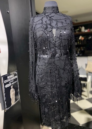 Uzun Siyah Gotik İşlemeli Abiye Elbise - Görsel 4