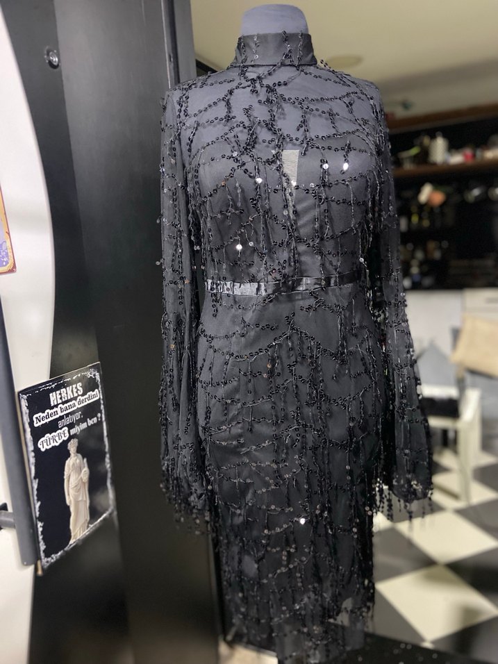 Uzun Siyah Gotik İşlemeli Abiye Elbise - Görsel 4