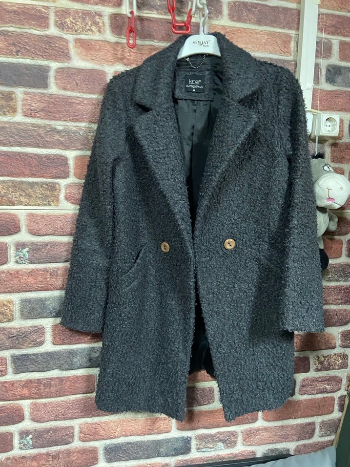 Gri Kadın Yün Düğmeli Uzun Palto - Görsel 5