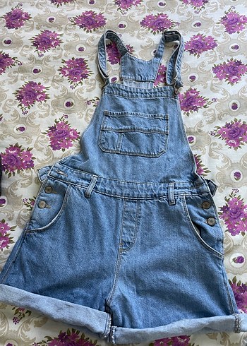 Mavi Denim Düğmeli Kadın Şort Tulum ve crop takım - Görsel 2