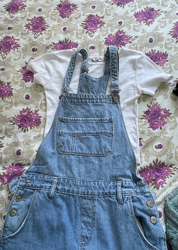 Mavi Denim Düğmeli Kadın Şort Tulum ve crop takım - Görsel 5