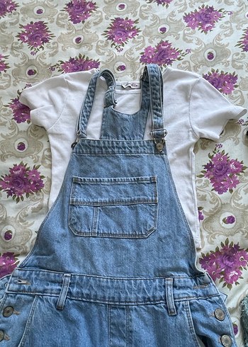 Mavi Denim Düğmeli Kadın Şort Tulum ve crop takım - Görsel 4