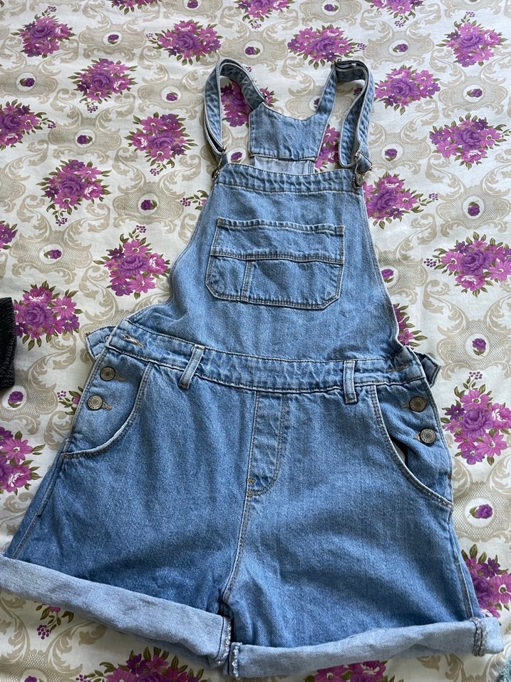 Mavi Denim Düğmeli Kadın Şort Tulum ve crop takım - Görsel 2