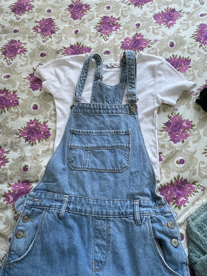 Mavi Denim Düğmeli Kadın Şort Tulum ve crop takım - Görsel 5