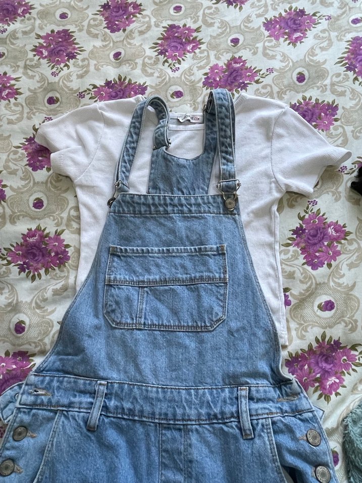 Mavi Denim Düğmeli Kadın Şort Tulum ve crop takım - Görsel 4