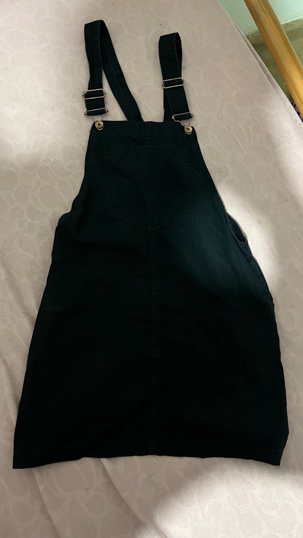 Kadın Siyah Kısa Askılı Denim Salopet - Görsel 3