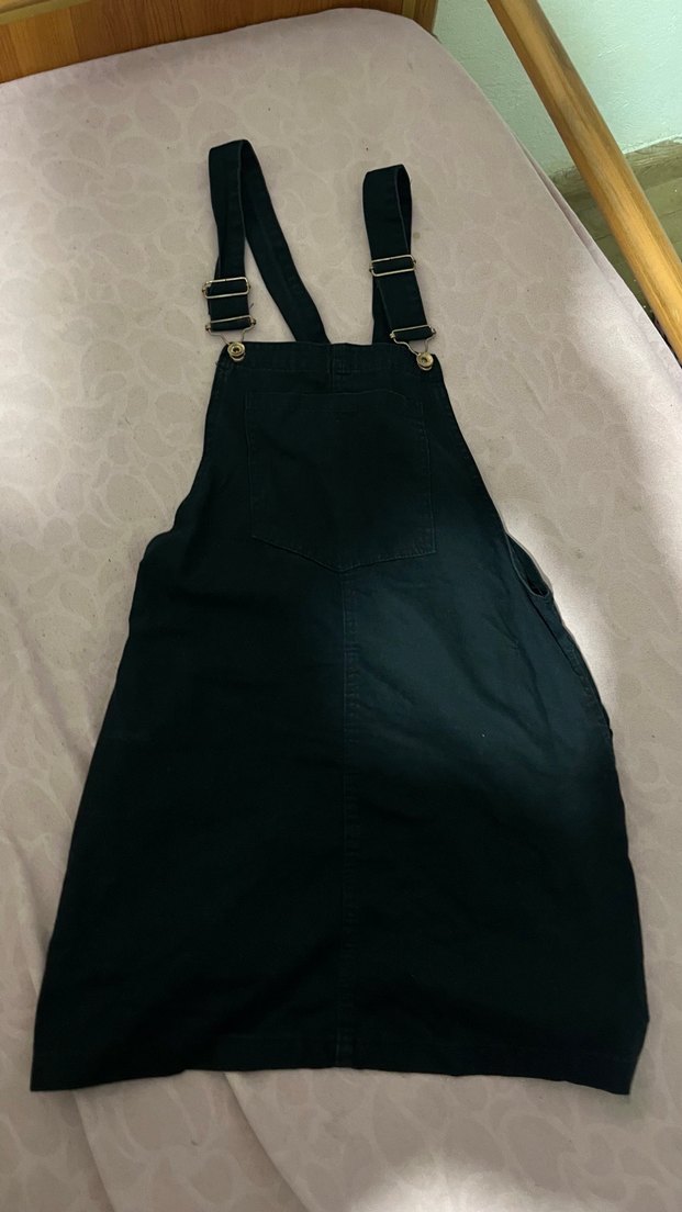 Kadın Siyah Kısa Askılı Denim Salopet - Görsel 4