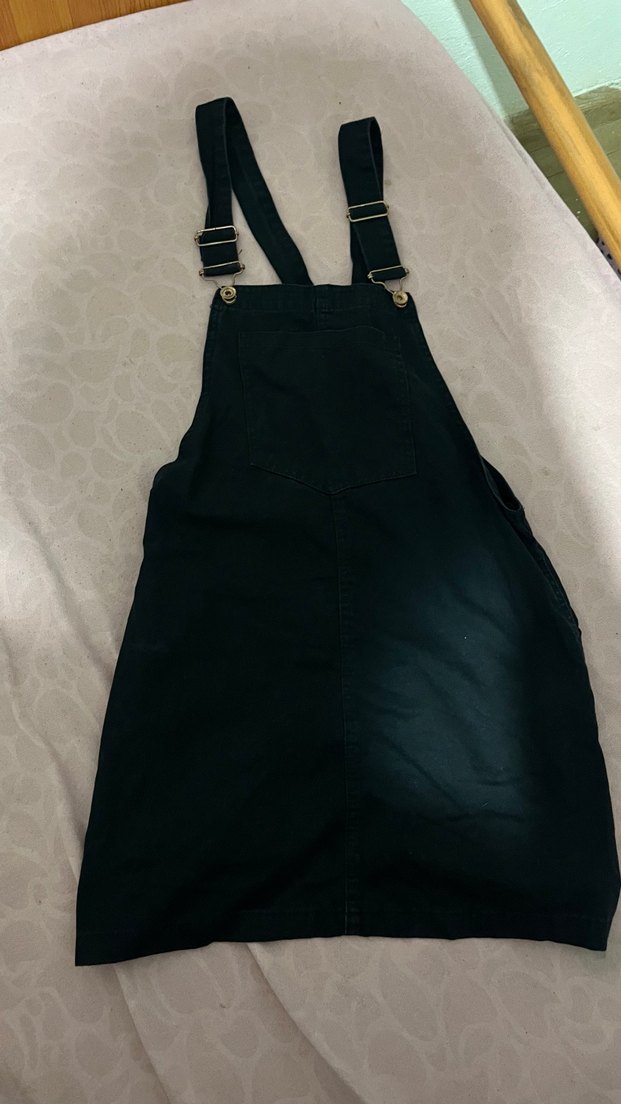 Kadın Siyah Kısa Askılı Denim Salopet - Görsel 2