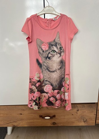 Gri Kedi Desenli Pembe Elbise kız Çocuk - Görsel 2