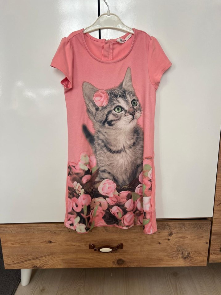 Gri Kedi Desenli Pembe Elbise kız Çocuk - Görsel 2