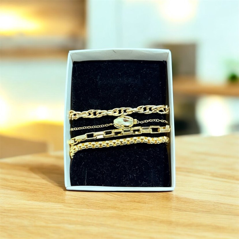 Zincir Detaylı Altın Renk Bileklik Seti - Görsel 2